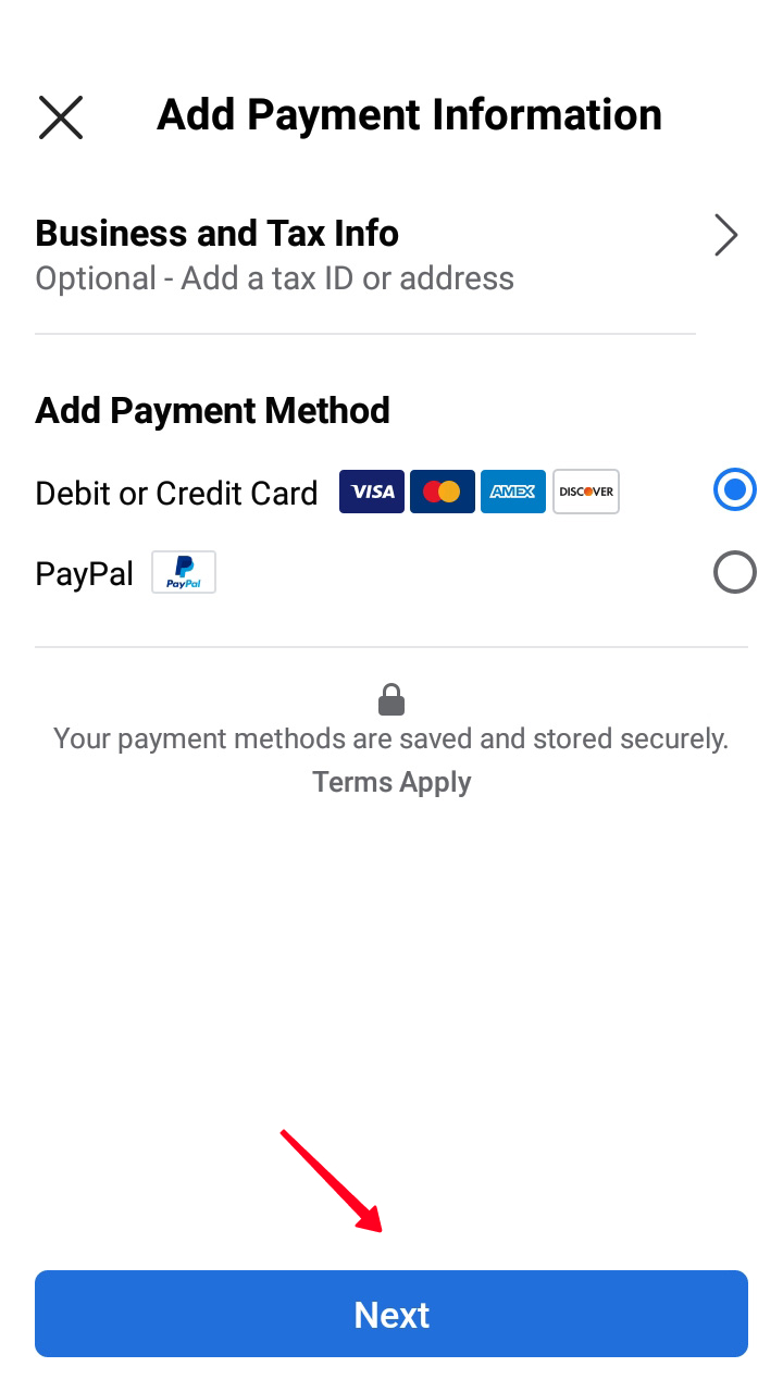 Finishing adding the payment methods for boosting a post on Instagram