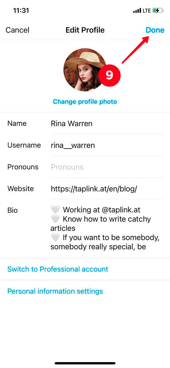 Saving changes and exiting the Edit Profile settings in the Instagram app
