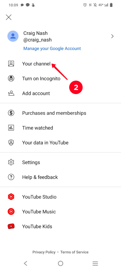 Choosing Your channel in the YouTube settings in the mobile app
