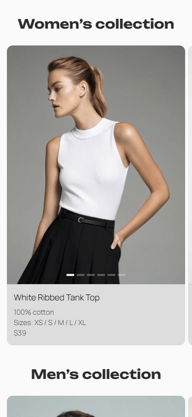 Middle section of a clothing website showcasing collections with product photos, sizes, and prices