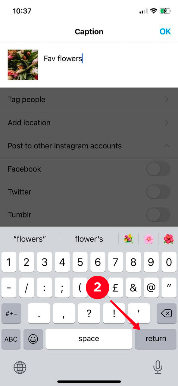Tapping the return button on an iPhone keyboard