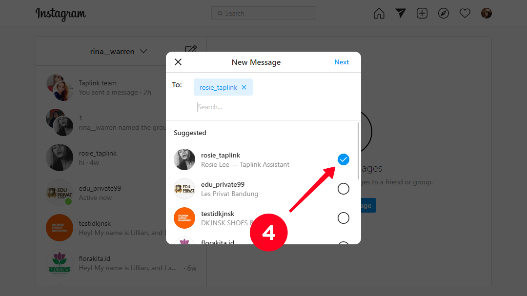 Adding ticks near usernames to be added to a group chat on Instagram