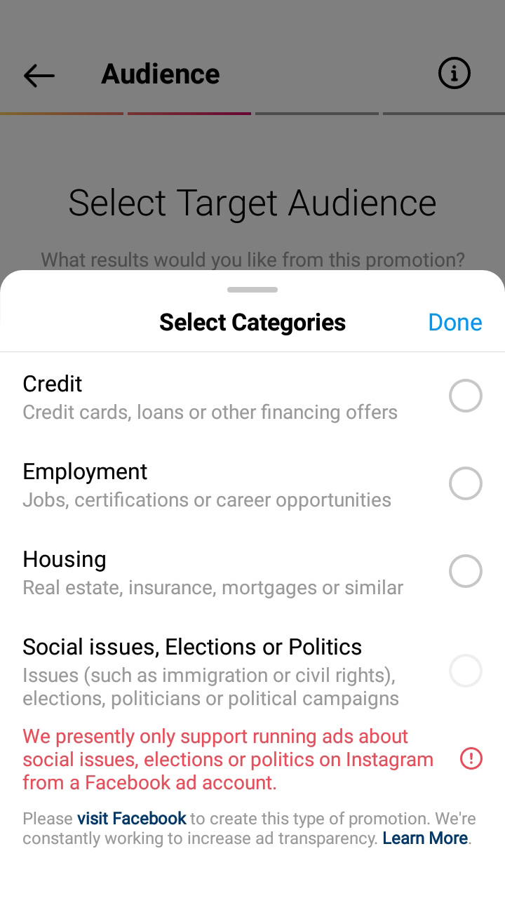 List of special ad categories in the Audience setting in the Instagram app