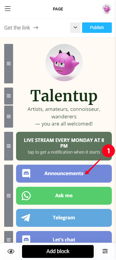 Tapping a Discord button on an |Instagram link in bio page in the editor