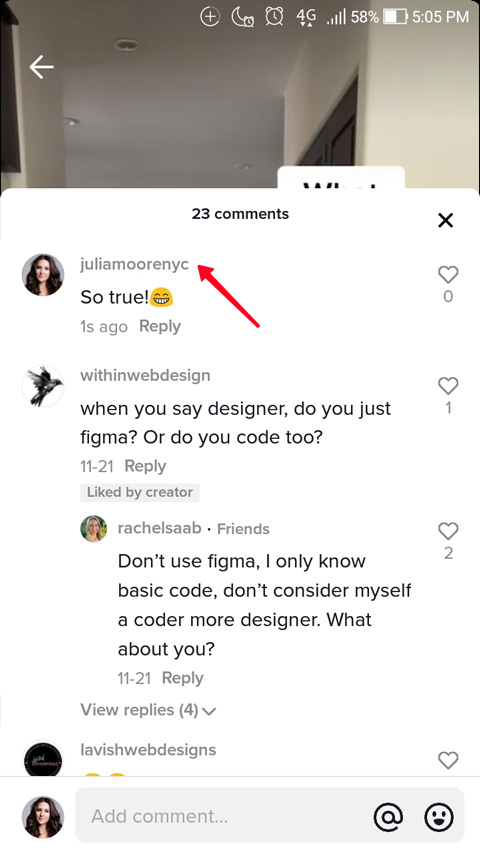 Highlighted username in the TikTok comments