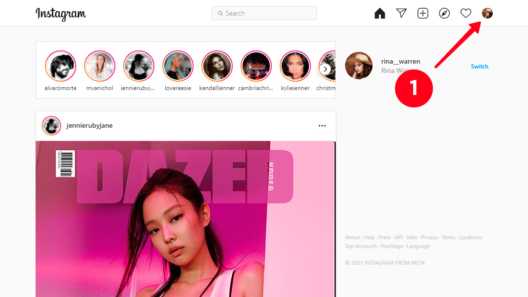 Tapping the profile photo on the Instagram home page on a desktop