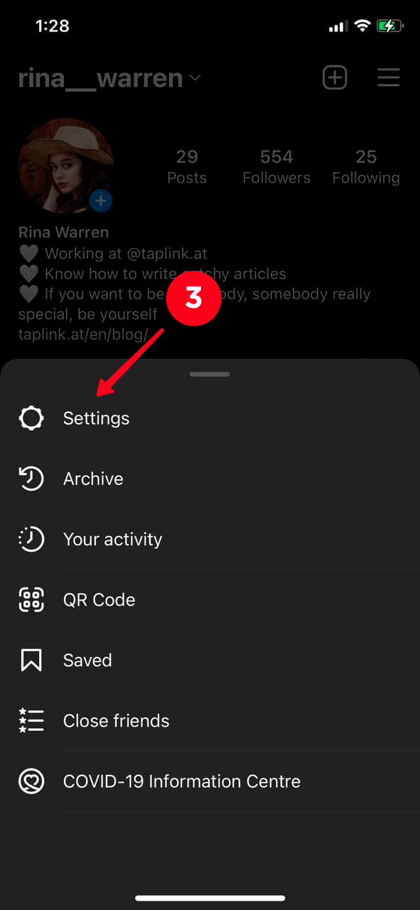 Choosing Settings in the Instagram app