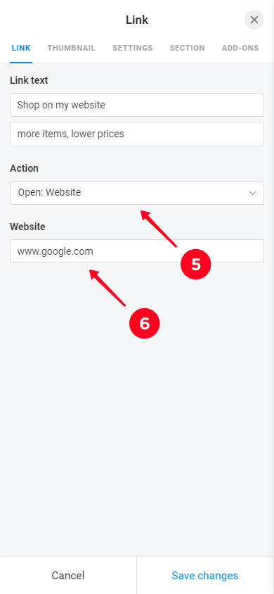 Choosing the button action and adding an URL in the link settings