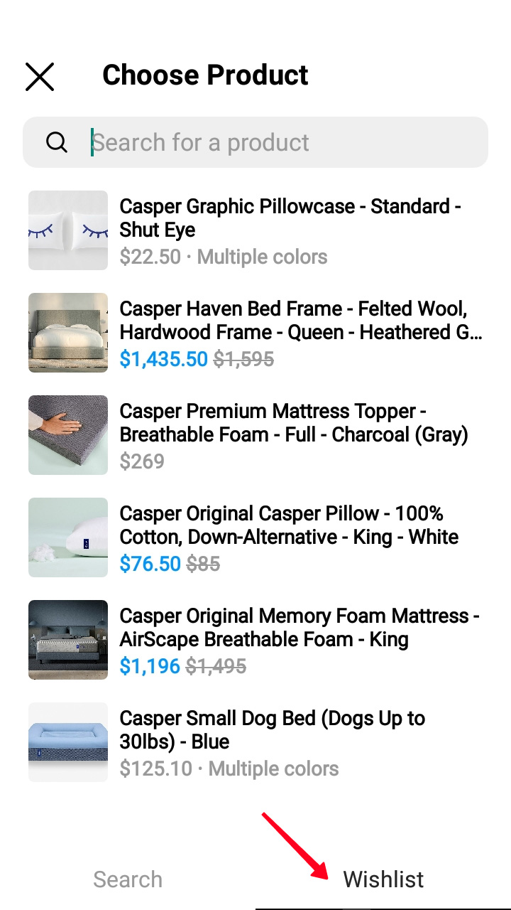 Highlighted Wishlist tab in the Choose Product menu