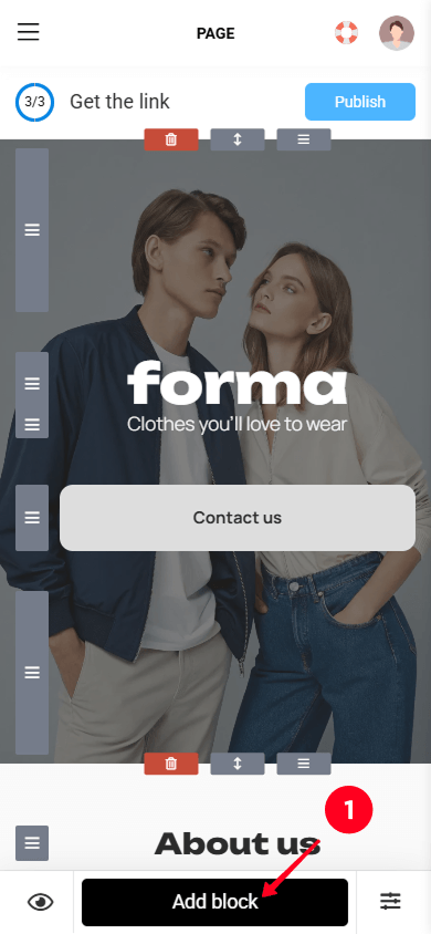 Tapping Add block in the Taplink clothing website editor