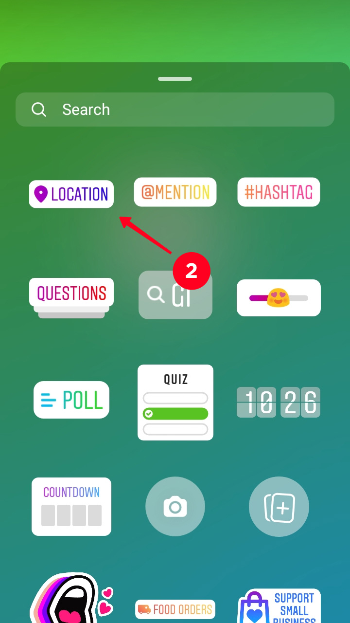 Elegir 'Ubicación' en la lista de stickers de Instagram Stories