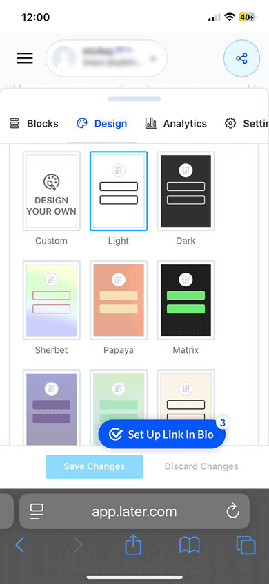 6 themes in the design settings window in Later’s Linkin.bio
