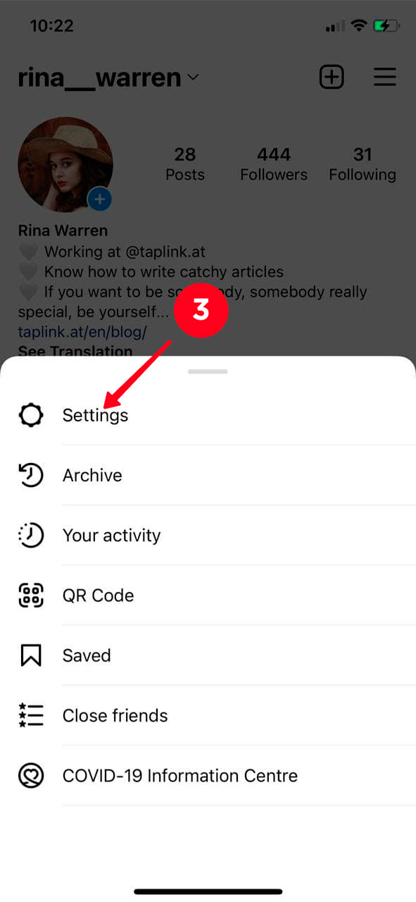 Choosing Settings in the Instagram account menu