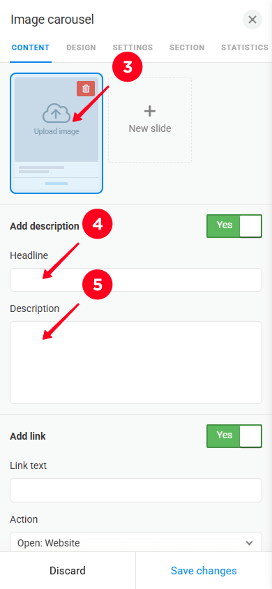 Uploading an image, entering a product name and its description in the Image carousel settings