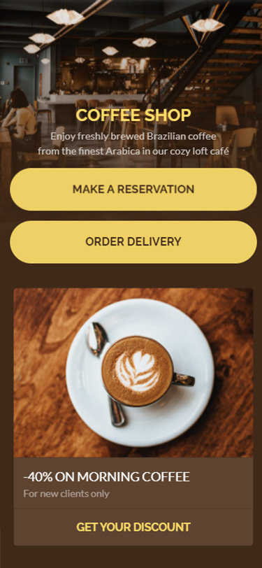 Taplink page made for a coffee shop with reservation and delivery buttons
