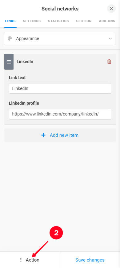 Tapping the Action button in the virtual business card editor