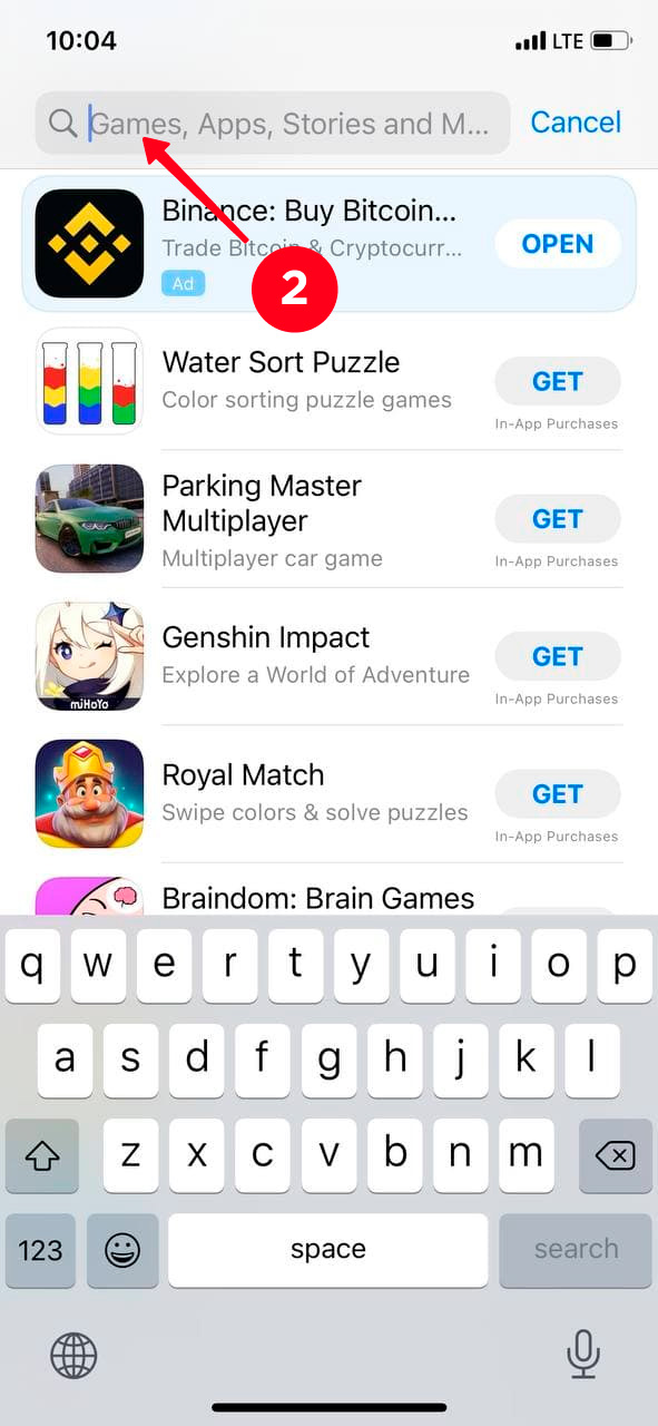 Tapping the search bar in the App Store on an iPhone