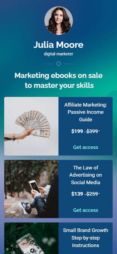 Digital marketer’s page with shoppable links built with a tool better than Linkpop