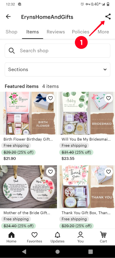 Tapping the share button on an Etsy shop page