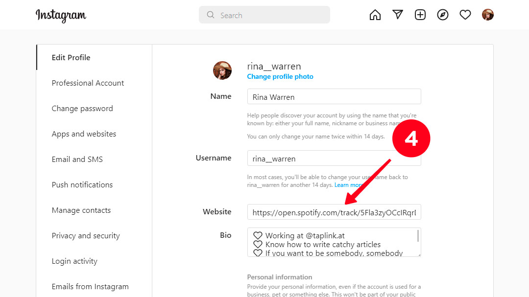 Pasting a Spotify link to the Instagram bio in the profile settings