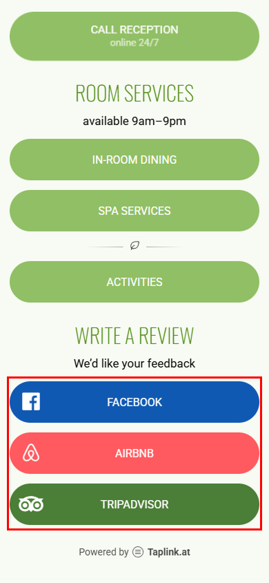 Branded buttons on the Taplink page with multiple links in the red frame