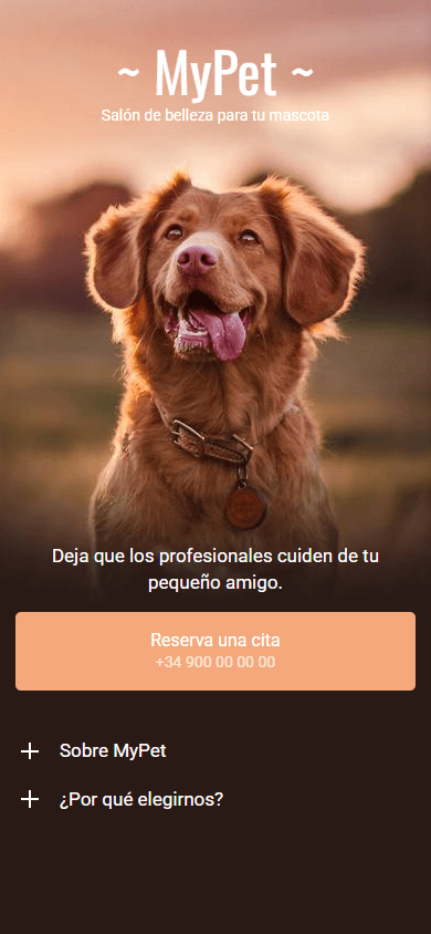 Página de un salón de belleza para mascotas creada como alternativa a Linktree