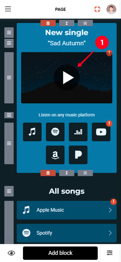 Tapping the video in the Taplink website editor