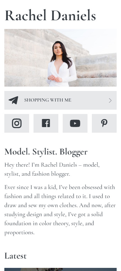 Photo and description, and Telegram and other social platform links on a fashion blogger’s Taplink page