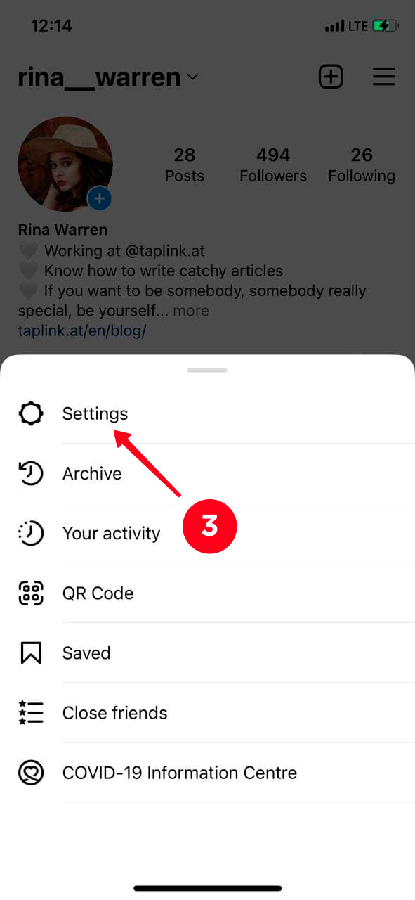 Choosing Settings in the Instagram phone app