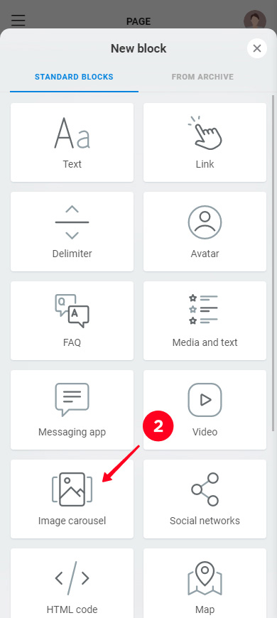 Highlighted Image carousel on the Taplink blocks list