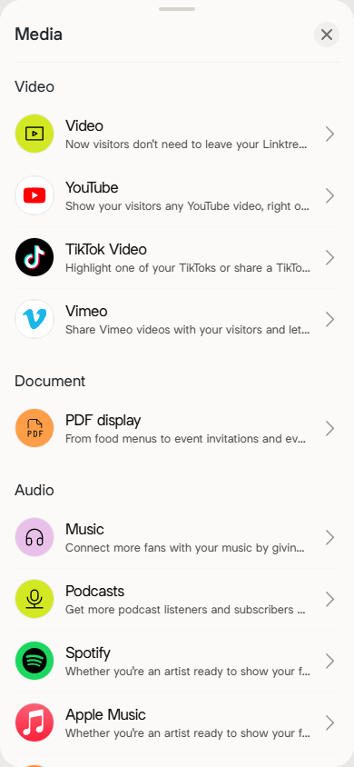Media blocks available on Linktree