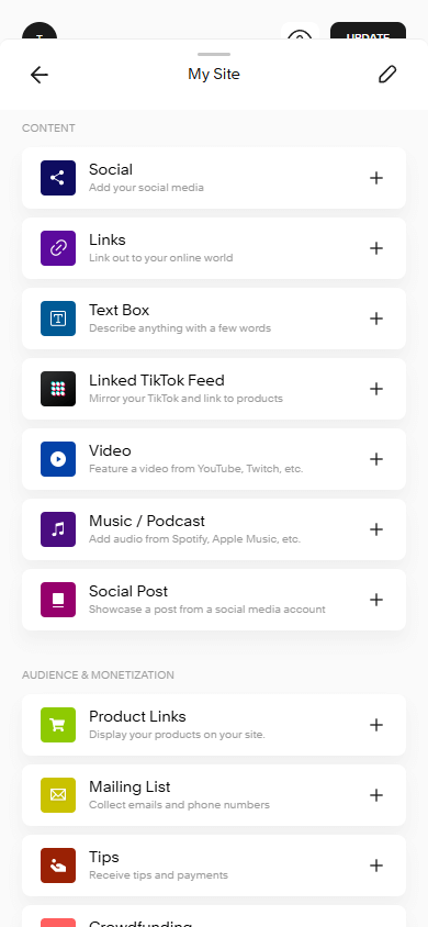 Tersedia sepuluh blok konten di tautan Bio Sites pada alat bio.