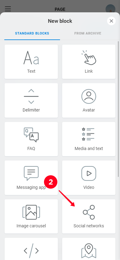 Choosing Social networks on the list of Taplink blocks