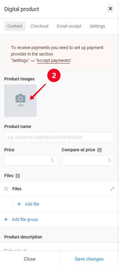 Uploading an ebook cover in the digital product settings