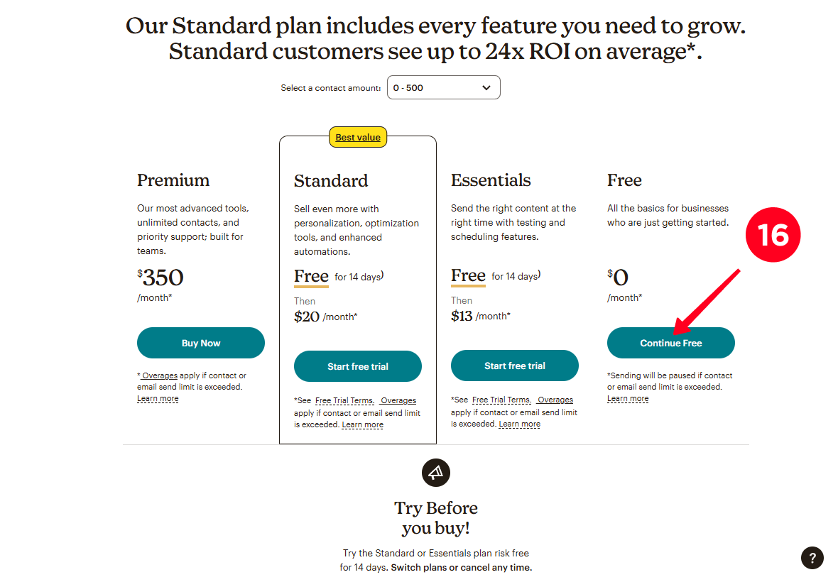 Clicking Continue Free on the pricing plan selection page in Mailchimp