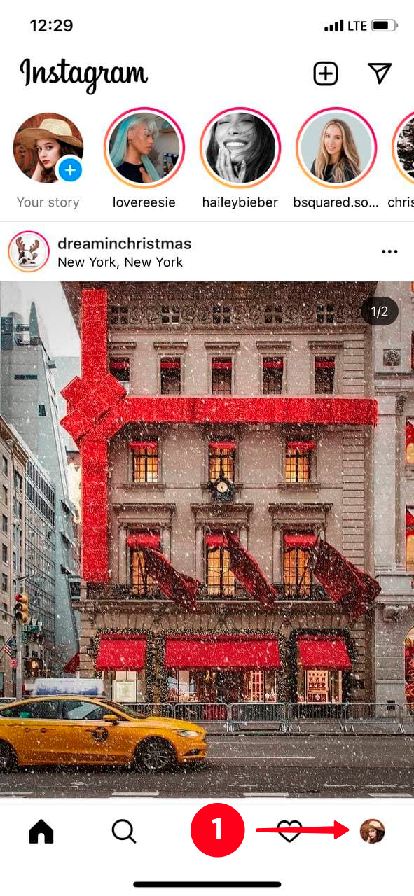 Tapping the profile photo in the tab bar in the Instagram app