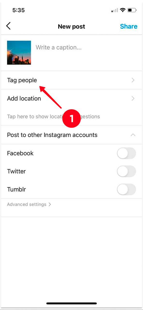 Choosing Tag people in the Instagram post settings