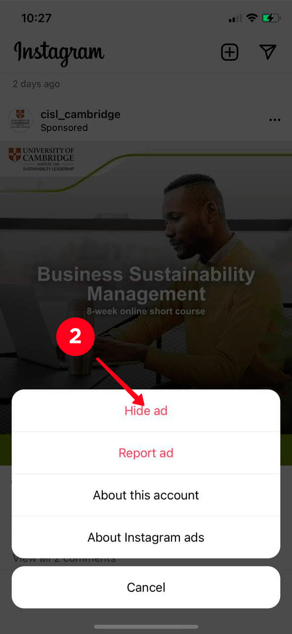 Choosing Hide ad on the list in the Instagram app