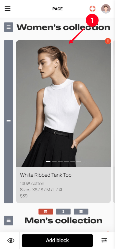 Opening the clothing catalog’s Image carousel block in Taplink