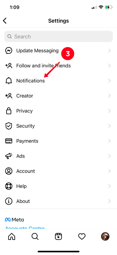 Tapping Notifications in the Instagram settings