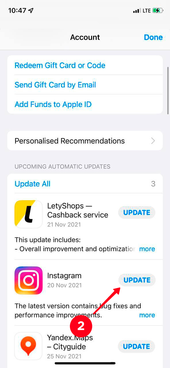 Tapping Update next to Instagram on the list of the apps for updating on an iPhone