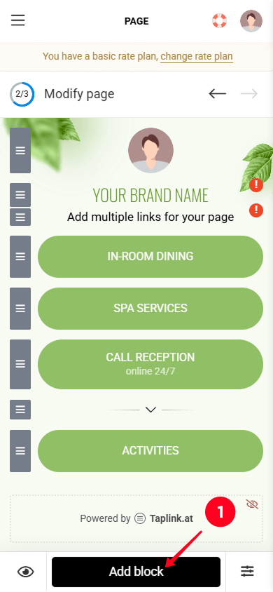 Tapping Add block in the Taplink page editor