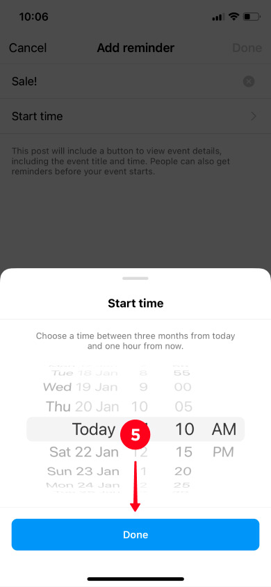 Setting the start time for an event in the Instagram reminder settings