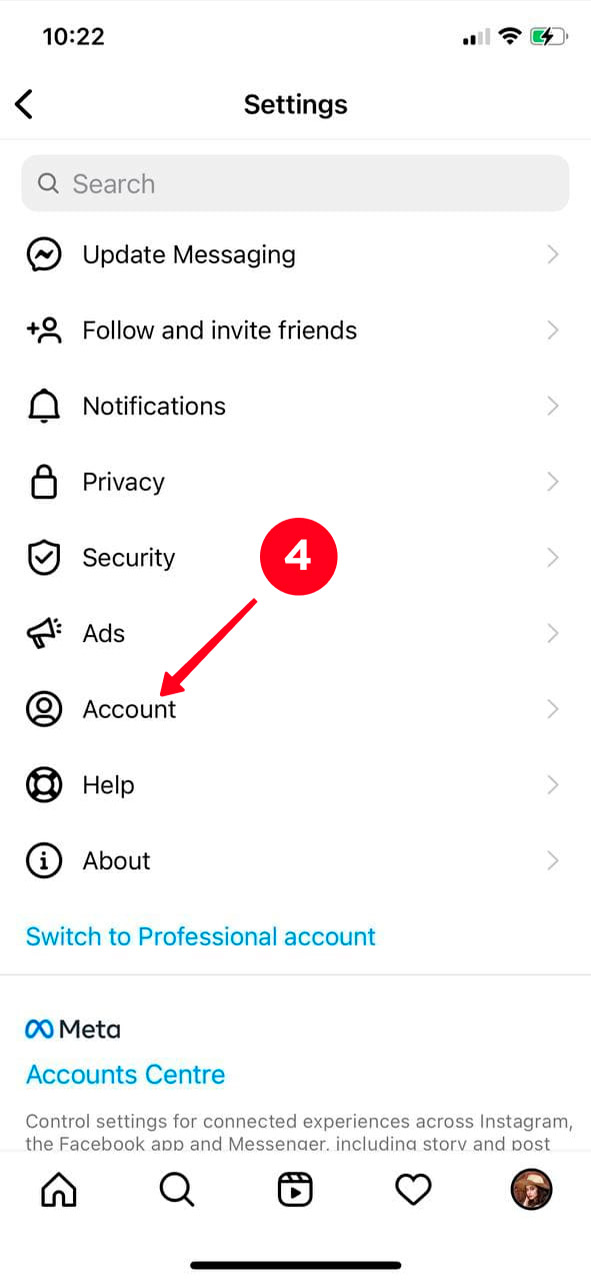 Choosing Account on the list of Instagram settings