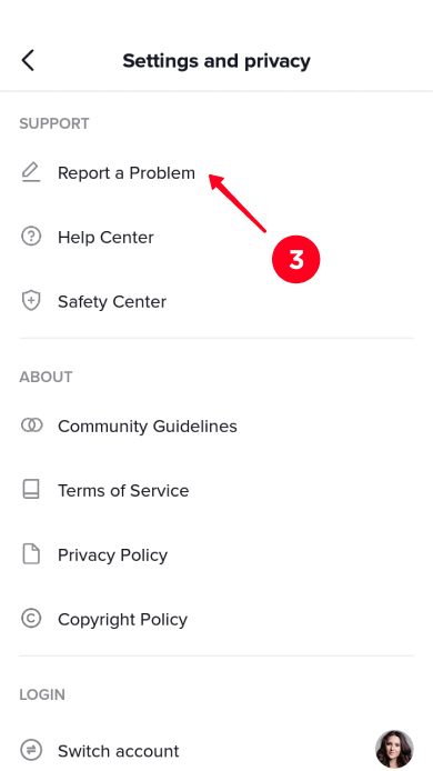 Choosing Report a problem in the Settings and privacy menu