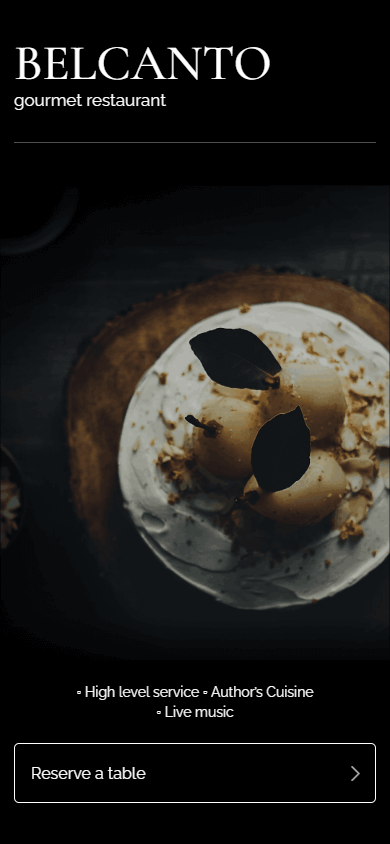 First part of the restaurant bio link page with a headline, text, an image, and a booking button