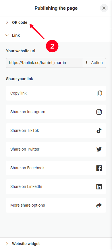 Going to the QR code tab in the digital business card publishing menu