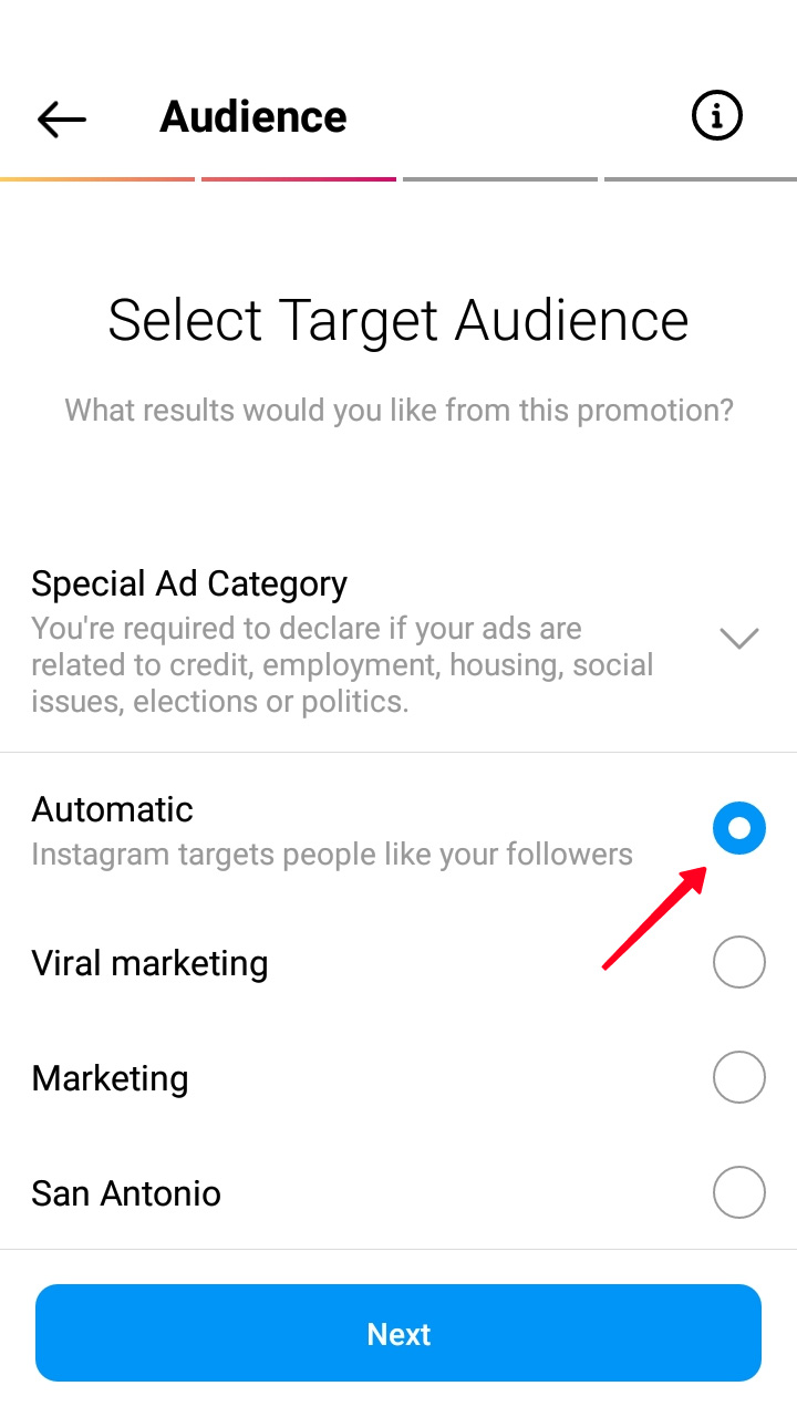 Highlighted Automatic option on the list in the Audience settings