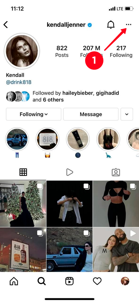 Tapping the three dot icon on an Instagram profile page
