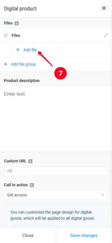 Tapping the Add file button on the Taplink Digital products block customization page